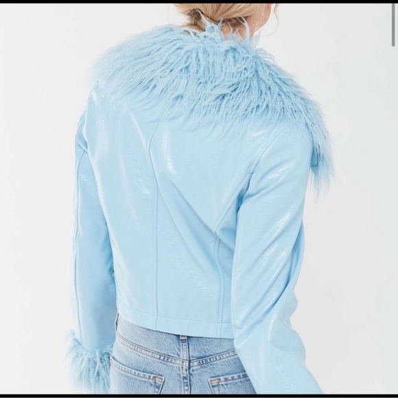 Urban Outfitters “Mia” Baby blue pleather faux fur trim jacket - Picture 3 of 10